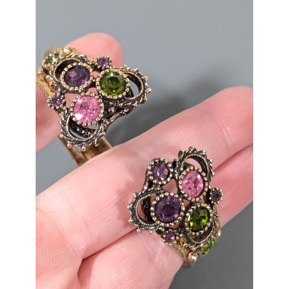 Vintage Sarah Coventry Austrian Lites Bracelet Purple Green Rhinestone Clamper 6 - Picture 9 of 10